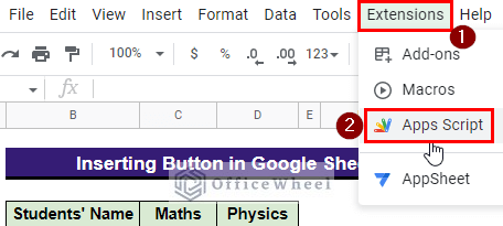 opening apps script window from the extensions menu at the toolbar